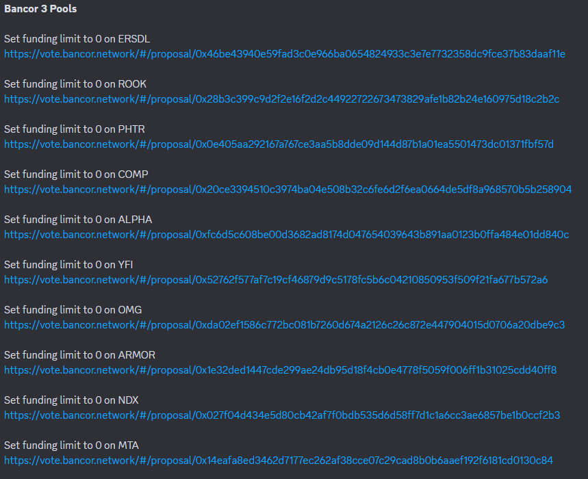 Another historic day for the <a href="/Bancor/">Bancor</a> community as earlier this week the Bancor DAO voted to disable the first 10 pools in surplus

Another 10 set of pools that are in surplus have now appeared on snapshot👩‍🔧👨‍🔧🫵🤲

$ERSDL $ROOK $PHTR $COMP $ALPHA $YFI $OMG $ARMOR $NDX $MTA