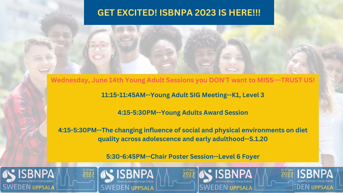 📣ISBNPA 2023 IS HERE!!! Don't miss the #Youngadult #SIG meeting &amp; #AwardSession happening on #Wednesday  #ISBNPA2023  #HelloSweden #YouthHealth #YoungPeople
#YoungAdults_ISBNPA
<a href="/SSEmergingAdult/">SSEmergingAdulthood</a> <a href="/ActionOnObesity/">The Obesity Collective</a> <a href="/ObesityAus/">Obesity Australia</a>
 <a href="/CHFofAustralia/">Consumers Health Forum of Australia</a> <a href="/OPTforhealthVCU/">OPTforhealth VCU</a>  please RT!