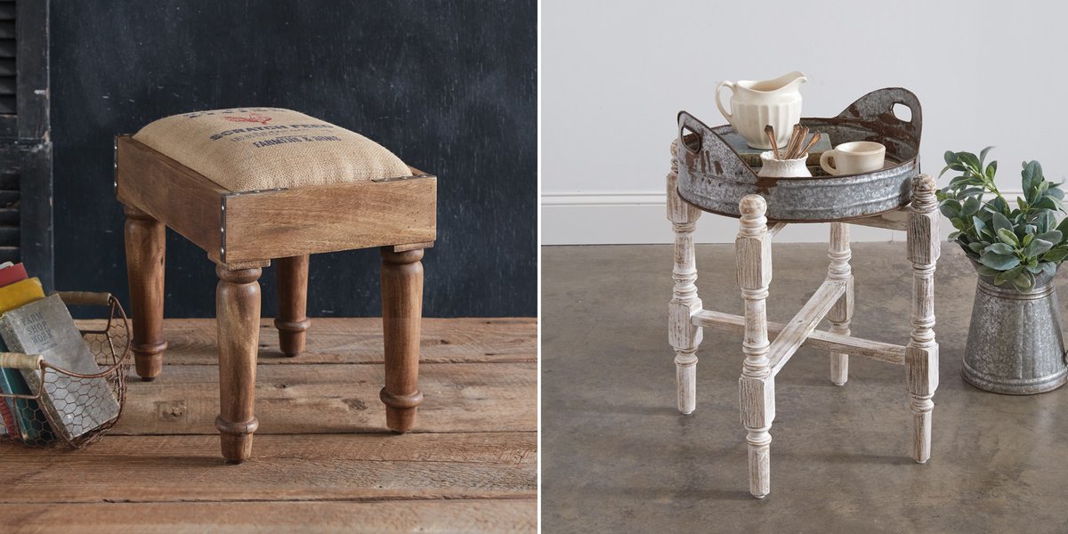 New: Grain Sack Footstool & Alexandra Tray Table: relaxedcottageliving.com/new-items #furniture #farmhouse #frenchcountry