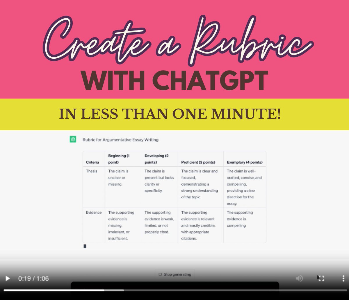 ✨Get an EDITABLE prompt template and create a rubric with #ChatGPT in less than one minute! 
👀 Watch it work its magic in an example video.

sbee.link/rxgwvc6q8d @emilyforedu
#aiineducation #edtech #teachertwitter #educoach