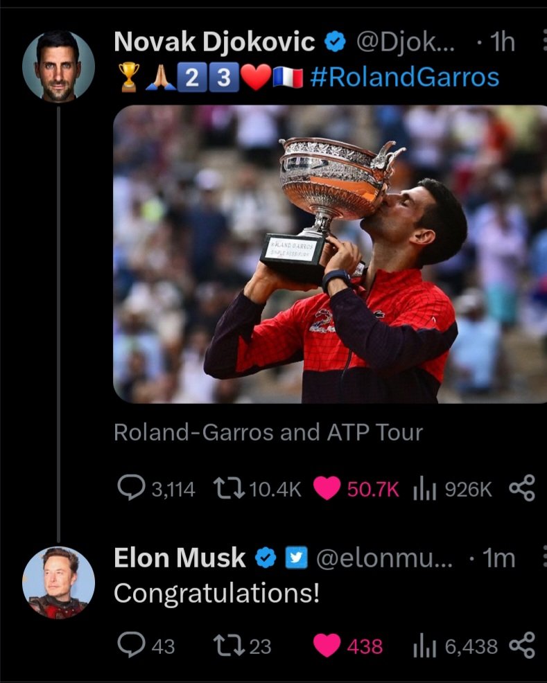 Šta reći, No1e, bravo Elone

#RolandGarros2023 #Djokovic #NovakDjokovic #elonmusk