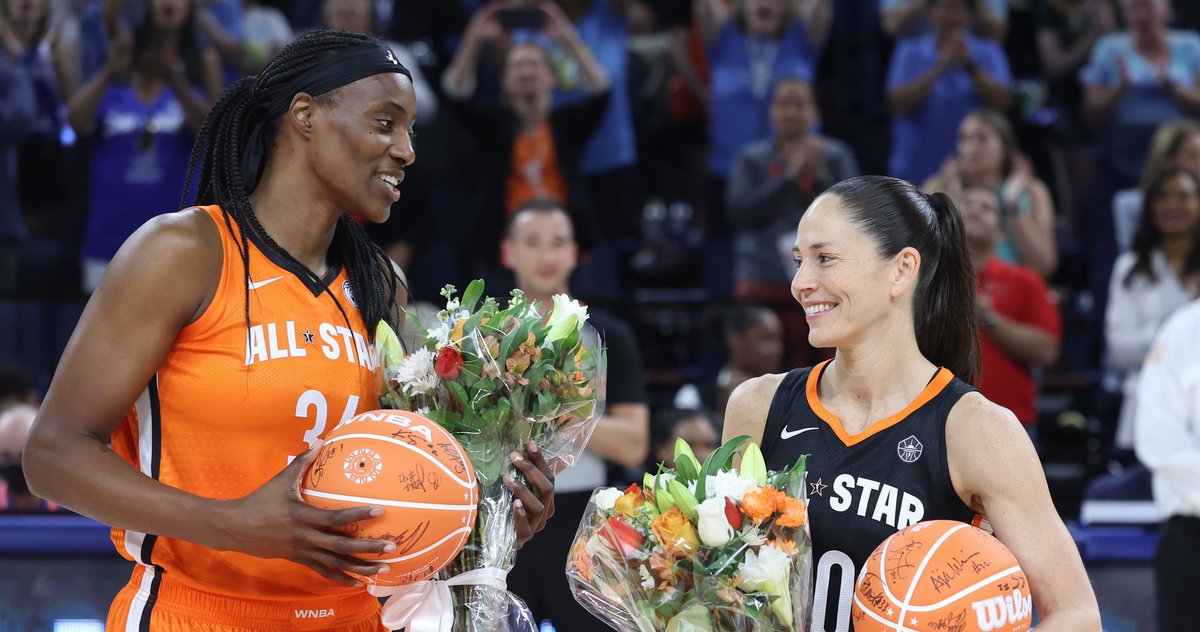 Salute to Sylvia Fowles & Sue Bird on their night! 🫡💐 Two decorated & prolific 🐐🐐 basketball players in #WNBA 
history. Great to see their jerseys retired & hang in the rafters for generations to come!👏🏼  #CantTameUs 
#TakeCover #MoreThanGame