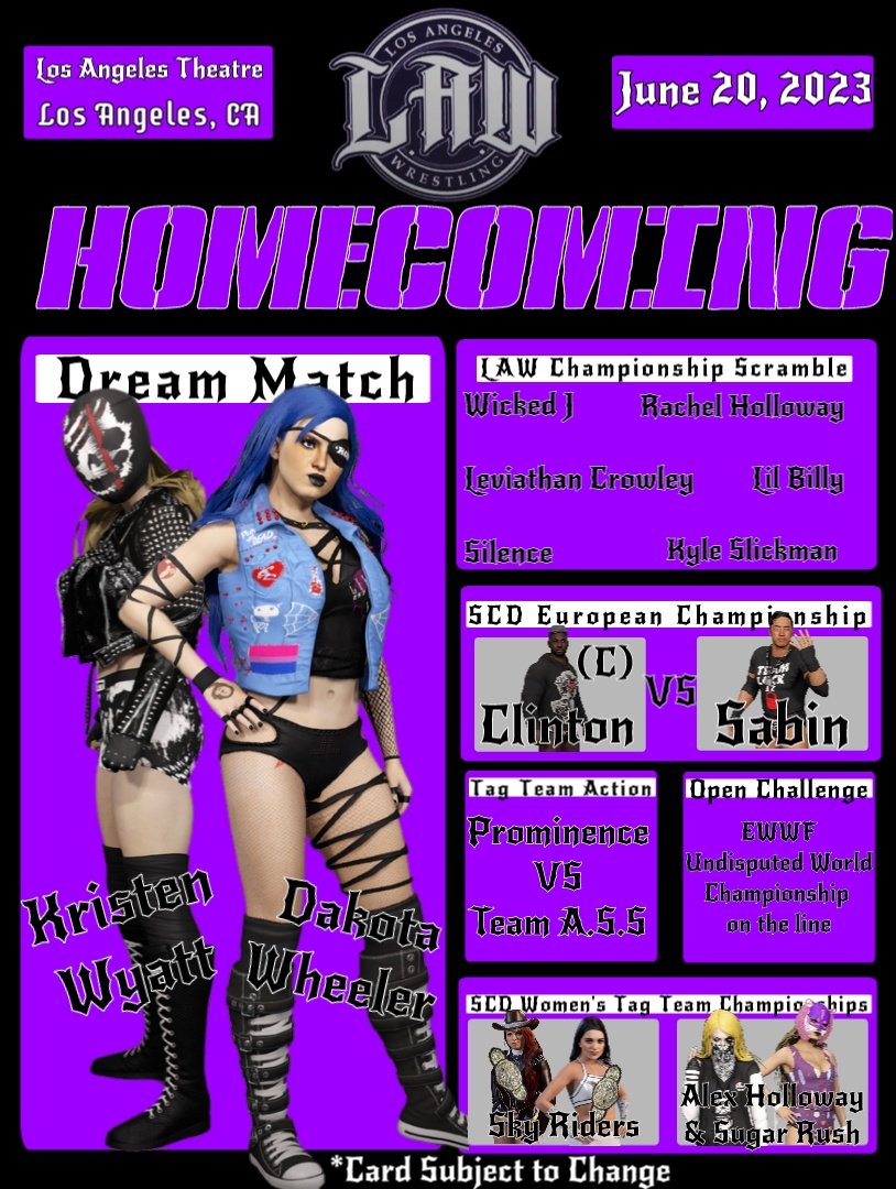In working relations with <a href="/SecondCityCAWs/">Second City Dojo</a>, I present to you LAW Homecoming. Coming to you from <a href="/EliteWresCaws/">Extreme Wrestling Network</a>