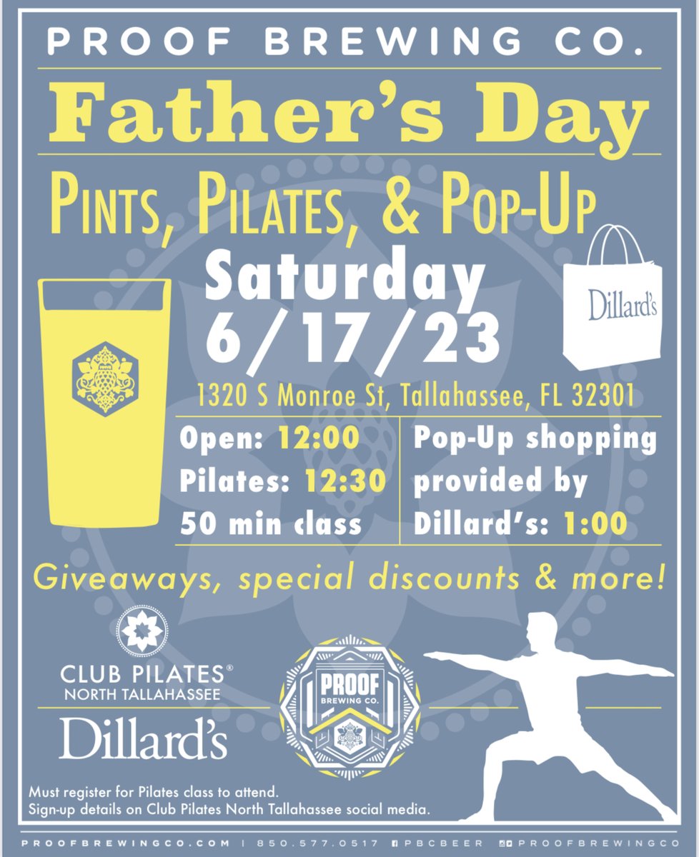 Proof Brewing Co (@proofbrewingco) on Twitter photo Father's Day fun at PROOF Sat. 6/17/23! π»πͺ Enjoy a FREE Pilates class, exclusive pop-up shopping with Dillard's, exciting giveaways, prizes, and unbeatable food and beverage discounts. ππ Don't miss this unforgettable celebration of Dads! π¨βπ§βπ¦ #FathersDayEvent #ProofBrewingCo Father's Day fun at PROOF Sat. 6/17/23! π»πͺ Enjoy a FREE Pilates class, exclusive pop-up shopping with Dillard's, exciting giveaways, prizes, and unbeatable food and beverage discounts. ππ Don't miss this unforgettable celebration of Dads! π¨βπ§βπ¦ #FathersDayEvent #ProofBrewingCo