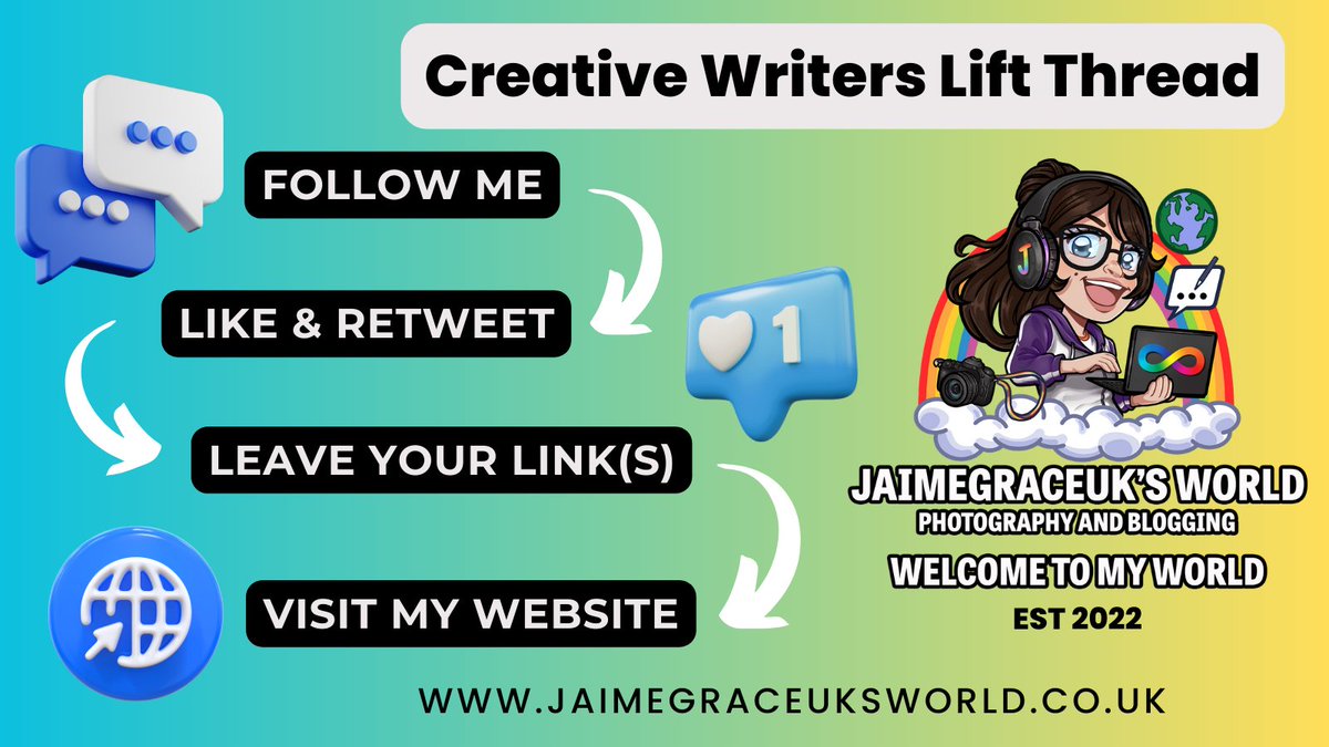 #ShamelessSelfpromoWednesday #writerslift 

📝Follow me
📝Like & RT
📝Leave your link(s)
📝Visit my blog

Drop your #Books #links #Poetry #Websites #Videos #Artwork #Novels #Etsy #Stories #Podcasts #Blogs #audiobooks 

jaimegraceuksworld.co.uk

#WritingCommunity #Authors