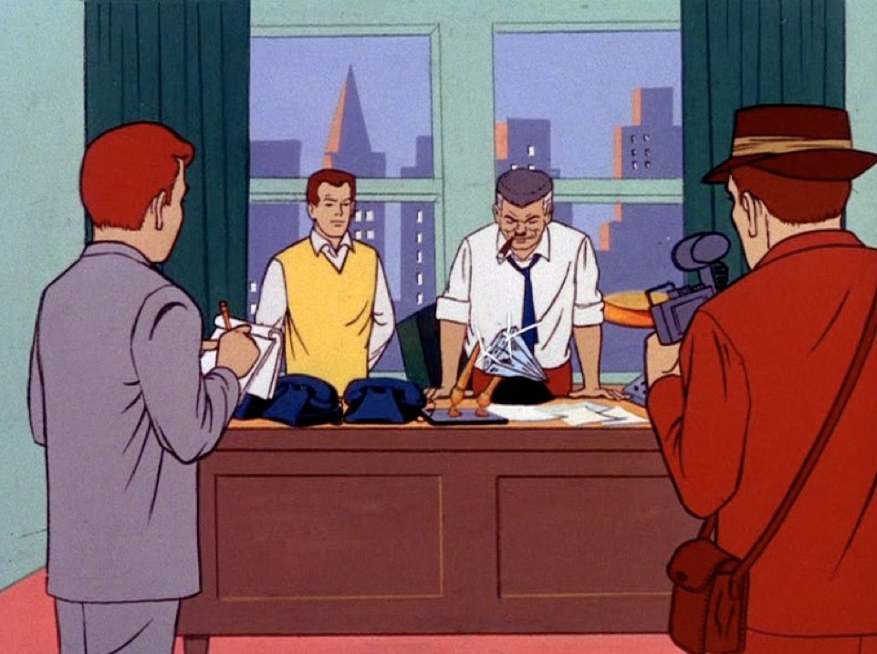 Spider_Man_1967's tweet image. The diamond is safely returned to the Daily Bugle, and Peter regales the reporters with an account of Spider-Man’s heroic actions – just to annoy Jonah!

#spiderman #spiderman67 #animationhistory