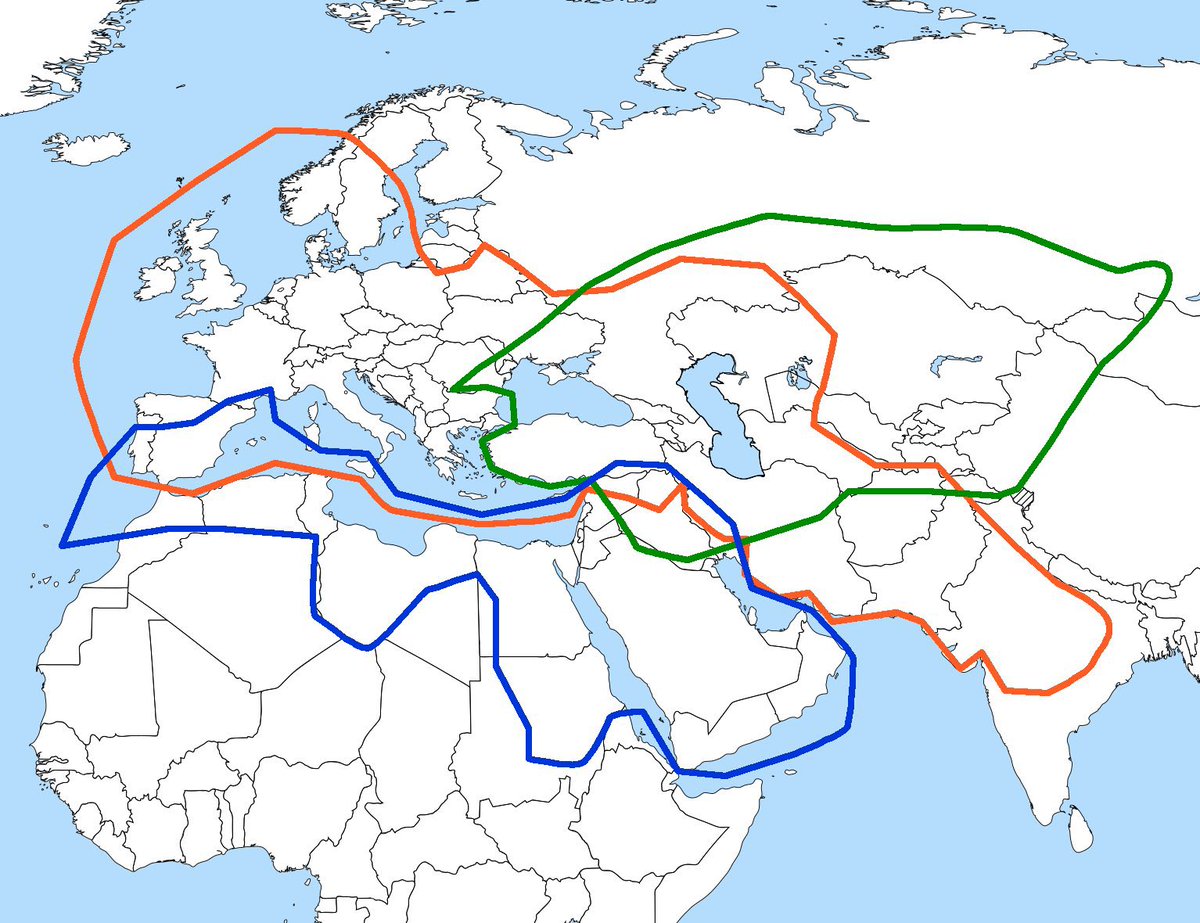 Ethnic expansions of the Old world - Indo-European (orange), Turkic (green) and Arab (blue).