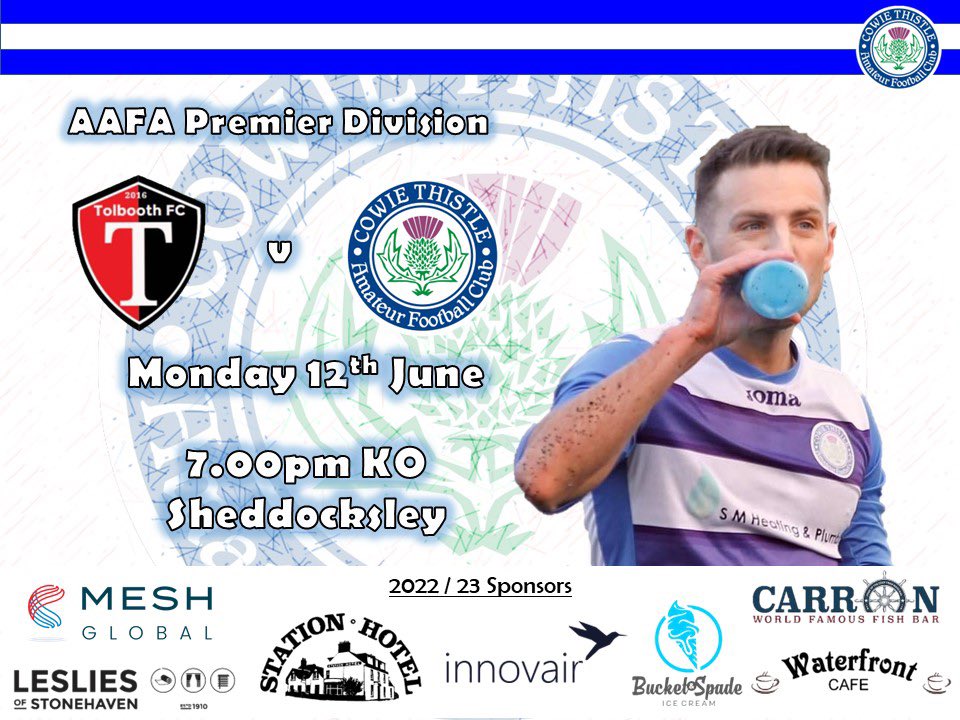 CowieThistle's tweet image. 🗓 Mon 12th June
⌚️ 7pm
⚽️ v @TolboothFC 
📍Sheddocksley 
🏆 @AbshireAFA Premier Division
🔵⚪️🔵⚪️
@Scottish_AFF @ScotAmFA @Mearnsfm @StonehavenTweet @Stonehaven_Chat 
#monihcowie #finalgame