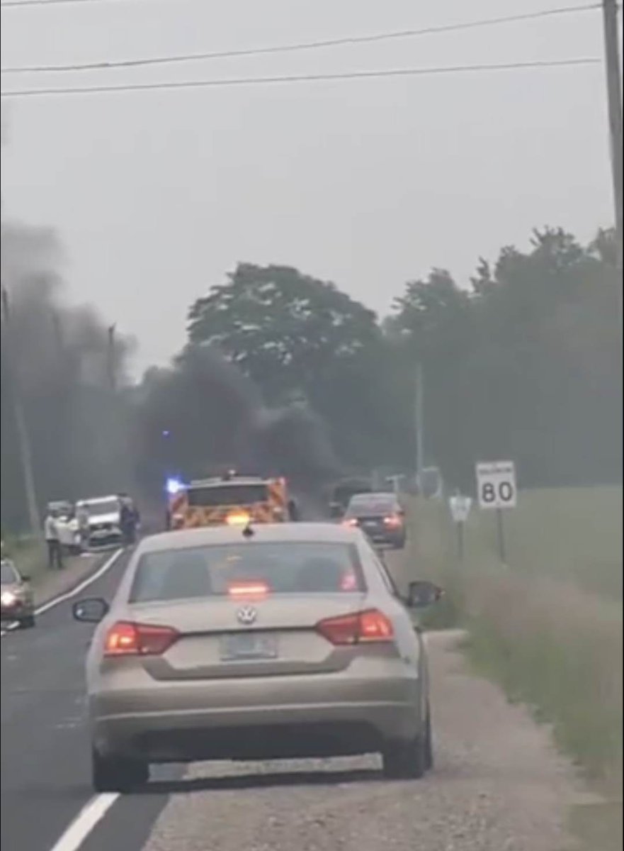 Barrie411's tweet image. Springwater Fire on scene of a Vehicle Fire on Crossland rd s/of Flos rd 5 #Phelpston , use caution in area - Traffic 
Photo care of TAMMY THIFFAULT