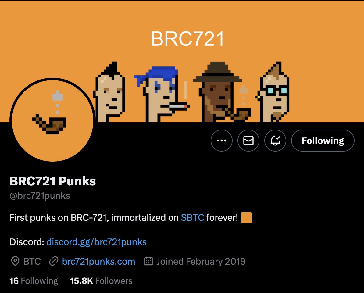 How it started vs how it’s going.

<a href="/Ghost_Rezin/">Ghost</a> called @brc721punks at 𝟖𝟒 𝐟𝐨𝐥𝐥𝐨𝐰𝐞𝐫𝐬 in the Discord on June 3rd. They now sit at 𝟏𝟓.𝟖𝐤 𝐟𝐨𝐥𝐥𝐨𝐰𝐞𝐫𝐬 and counting.

Our community was early. 𝐀𝐆𝐀𝐈𝐍.

Will you join us in the Discord or keep fading, anon?