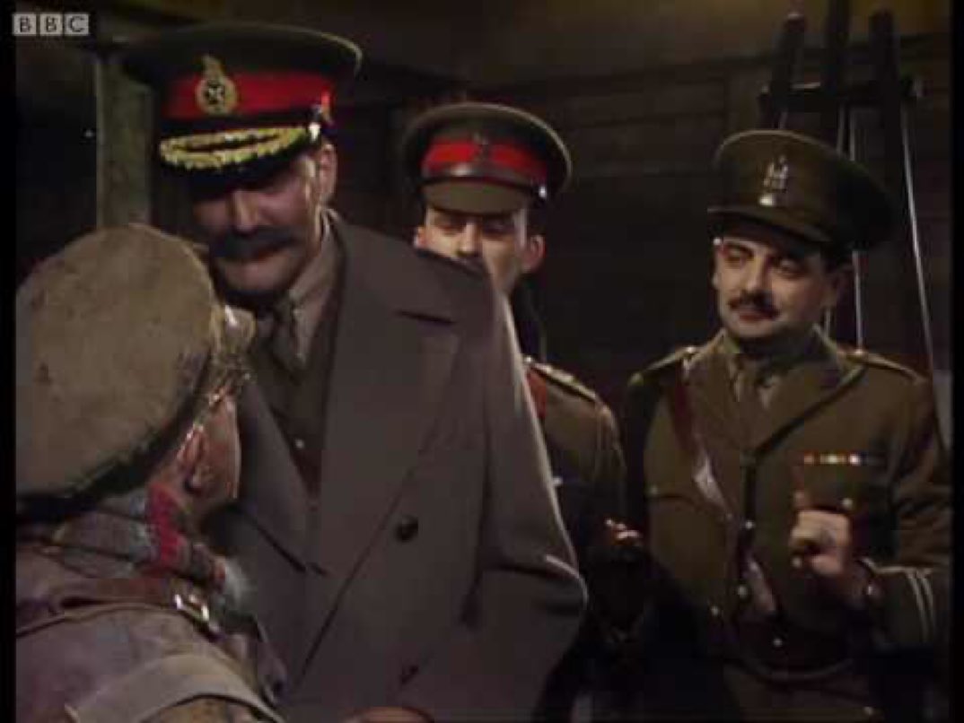 “Private, what is the time?”
“We didn't receive any messages, and Captain Blackadder definitely did not shoot this delicious plump-breasted pigeon, sir.”
#Blackadder