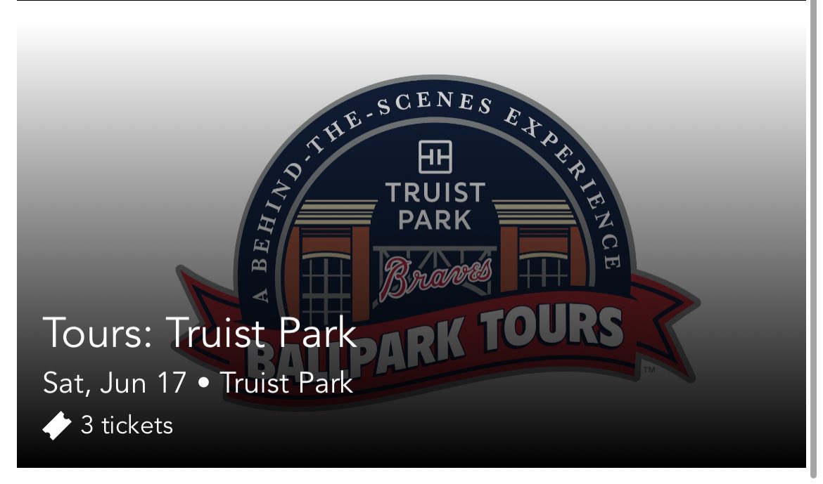⚾️🚨FOR SALE 🚨⚾️

I have 3 tickets to the 11:30 am tour of Truist Park for sale for Saturday, June 17th! $70 OBO for all 3!!