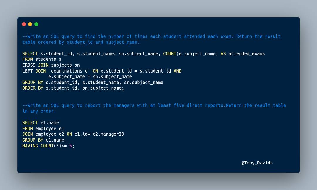 It's #Day8 for Reporting 'Crack SQL interview in 50Qs' is hear. #datafam, Let's rumble💪

Find the links to the questions here
1. leetcode.com/problems/stude…
2. leetcode.com/problems/manag…

#SQL #DATAANALYSIS #Interviews #lowcode #datafam #DataAnalytics