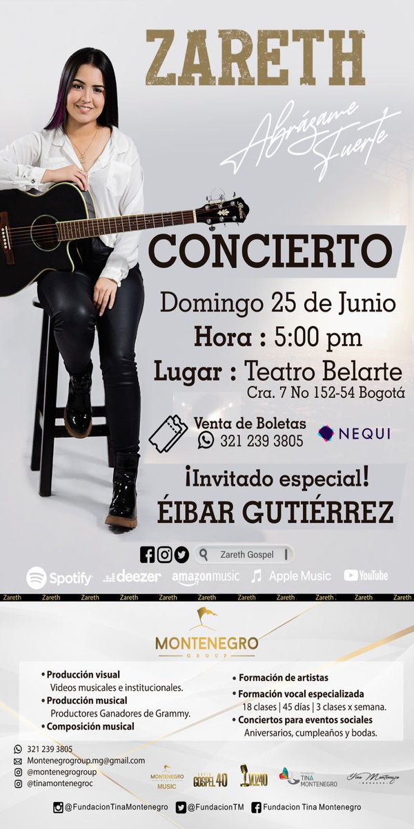 <a href="/TinaMontenegroC/">Tina Montenegro C</a>  los espera en el <a href="/teatrobelarte/">Teatro Belarte</a> con el gran concierto deZareth Gospel invitado  especial <a href="/EibarGutierrez/">Éibar Gutiérrez</a> no te quedes sin tú entrada 3212393805 nequi