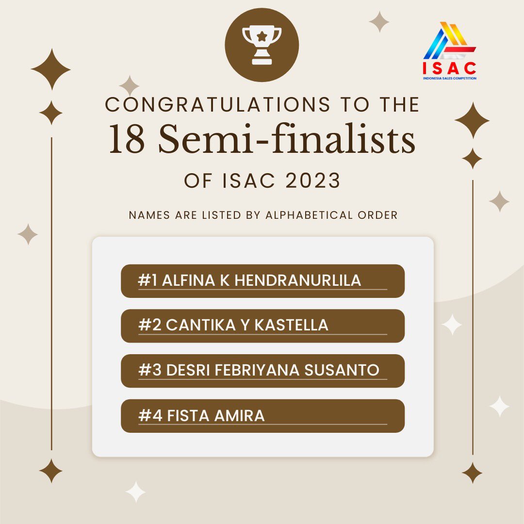 SeasacP's tweet photo. Congratulations to our semi-finalists! Do your best on the next rounds of ISAC 2023! 
#isac2023
#seasacproject 
#salescompetition https://t.co/Bgxl0PUtzX
