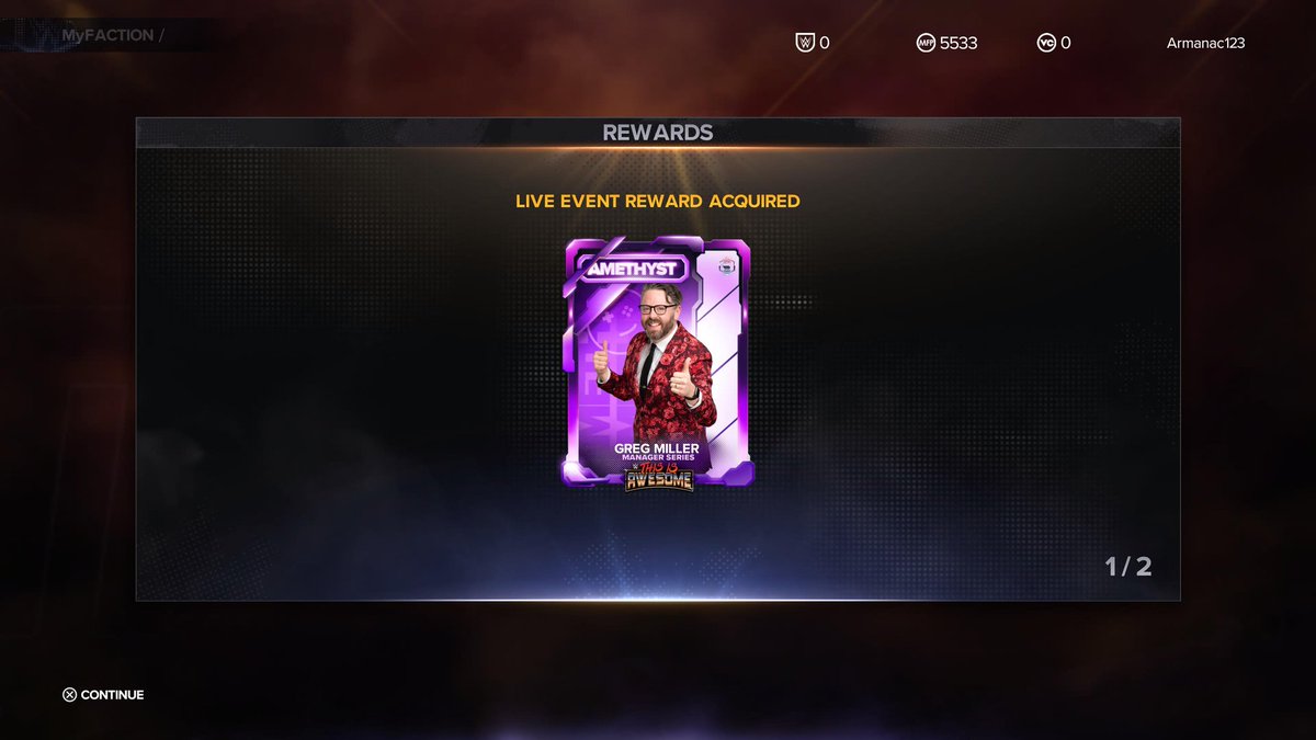 Armanac's tweet photo. Had a weird moment today playing #WWE2K23 today earning a card that meant a lot more to me than I expected. Getting @GameOverGreggy as a manager, sorry, THE Manager filled me with pride for someone I have never met or spoken with but have followed for many years. Now to see what https://t.co/GBvH4PL1kO