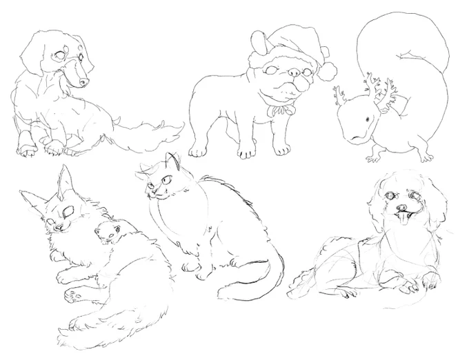 このまえペット描かせてもらった時の 着色無しの子を載せ忘れていました……。 めっちゃ胴体長いウーパールーパーみたいな子と コスプレしてる短頭種のワンちゃん。