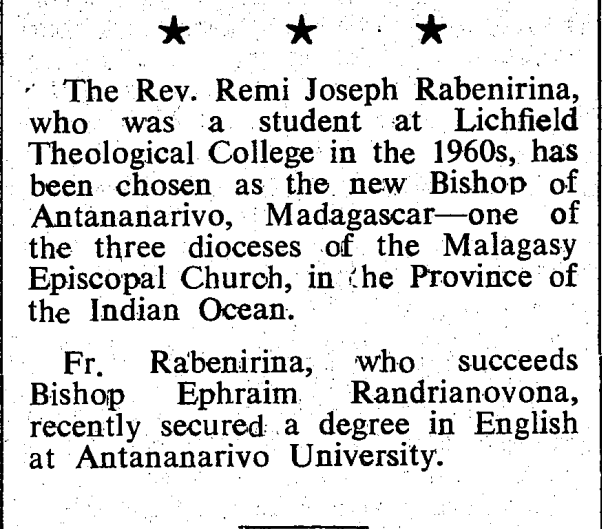12 June 1984: consecration of Rémi-Joseph Rabenirina (1938-2020), to be third Bishop of Antananarivo. Serving in that role until 2008, he was also Archbishop and Primate of the Indian Ocean 1995-2005, to date the only bishop from Madagascar in that role. #anglican #39years 🇲🇬