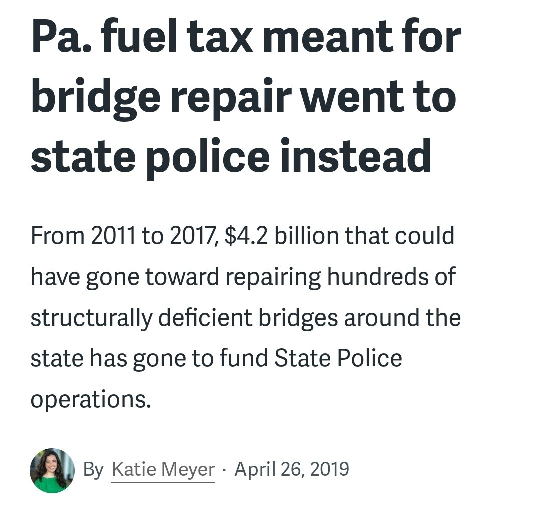 For those who won't click through:
Pennsylvania road and gas taxes have, for years, been siphoned off to pay for police. Tax payers have no say in this. Our roads and bridges are crumbling, but don't worry, the PA state troopers have all upgraded to Dodge Chargers. 🧵