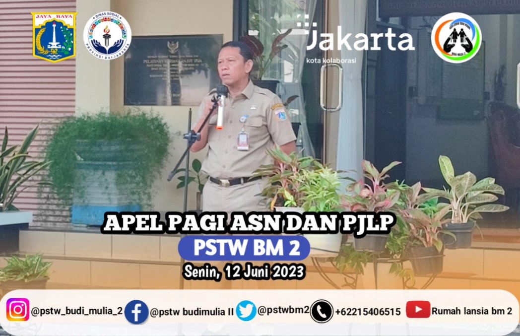 pstwbm2's tweet photo. Senin, 12 Juni 2023. Panti Tresna Werdha Budi Mulia 2 Melaksanakan Apel pagi dan Pengarahan dari Kepala Panti terkait Pelayanan Warga Binaan Sosial di PSTW BM 2.
@DinsosDKI1 @DKIJakarta @BeritaJakarta https://t.co/bbKG1QOjEU