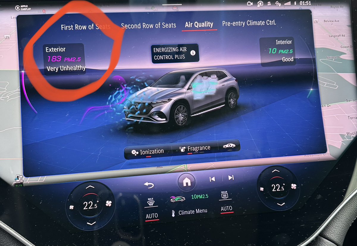 Outdoor air quality reading driving around in 🇨🇦 Canada a couple of days ago.  Thankfully this vehicle has an incredible air filtration system.  If you live in a condo or apartment be prepared with a #doorfilter especially in times with unprecedented wildfires! #WildfireSmoke