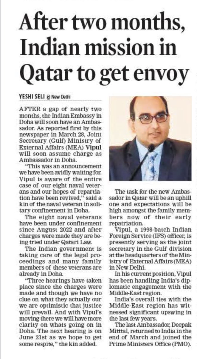 After a gap of two months, Indian Embassy in Doha gets an Ambassador. Joint Secretary (Gulf) Vipul will be assuming charge shortly <a href="/MEAIndia/">Randhir Jaiswal</a> <a href="/abagchimea/">Arindam Bagchi</a> <a href="/IndEmbDoha/">India in Qatar</a>