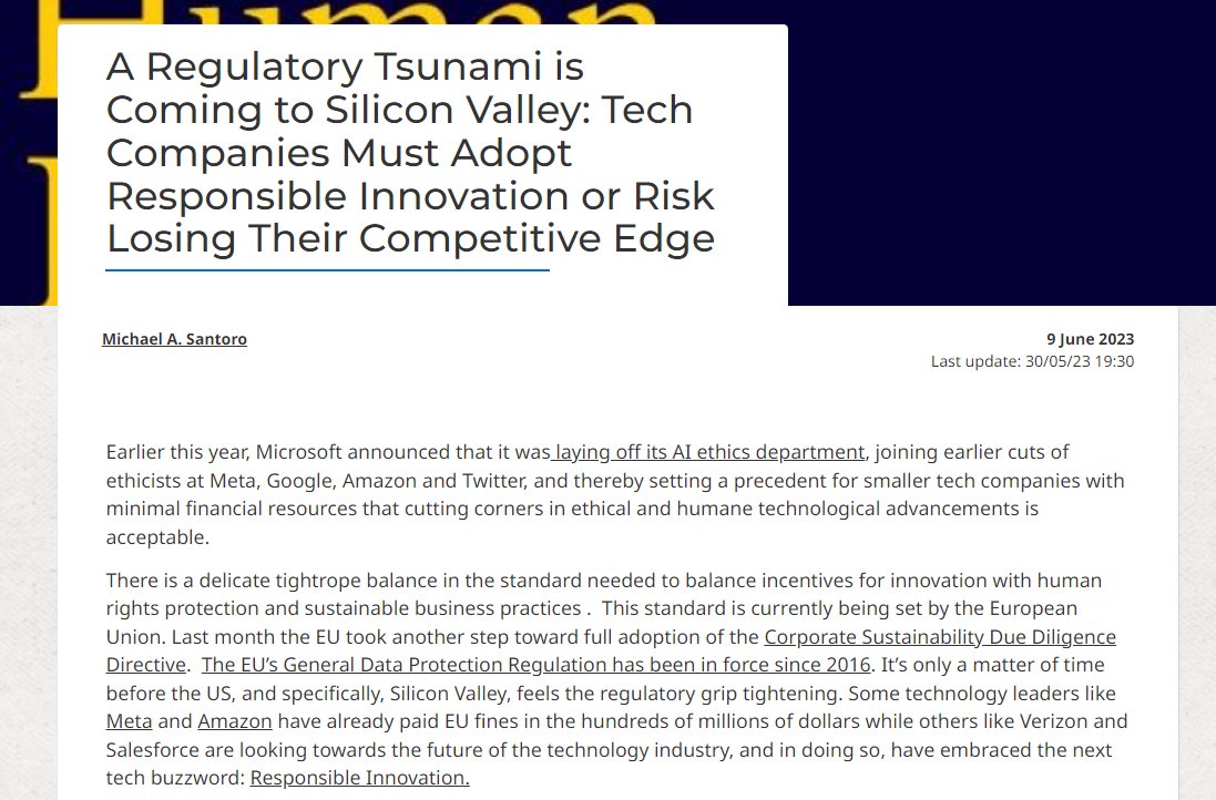 The EU is advancing the way in #ResponsibleInnovation while tech giants like Microsoft are cutting their AI ethics teams. Why is Silicon Valley lagging behind? Read our latest blog by Prof Michael A. Santoro @BizEthicsProf on this issue. 
cambridge.org/core/blog/2023… @ARamasastry