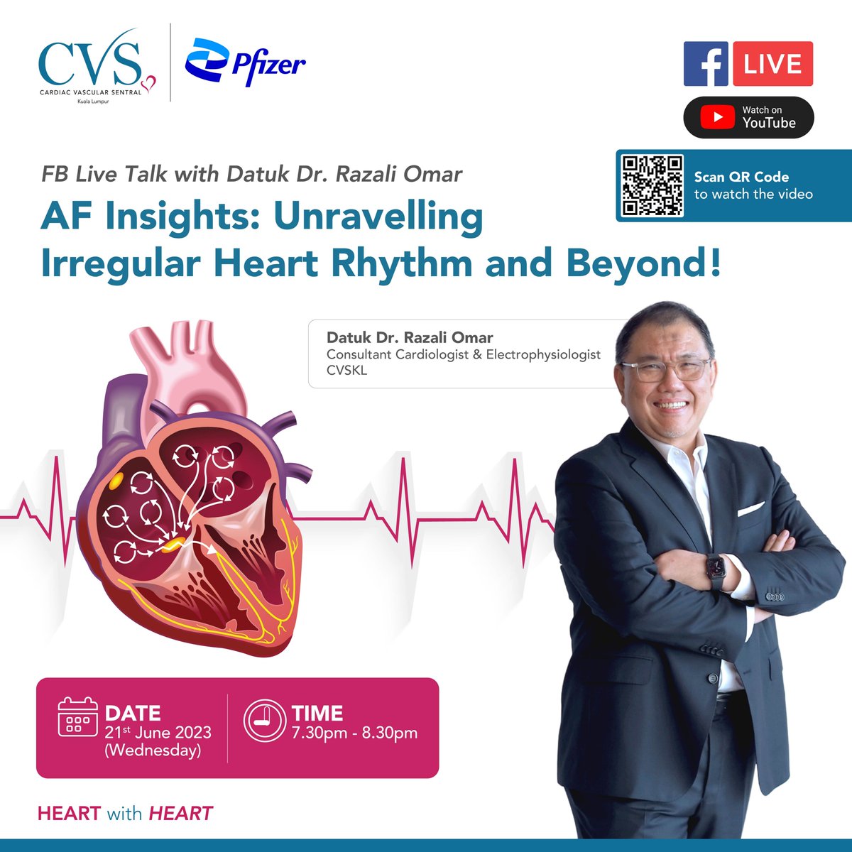 cvs_kl's tweet photo. Butterflies flutter, your heart SHOULDN’T! 🦋
Understand  the signs of irregular #heartrhythm with our Consultant  Electrophysiologist &amp; #Cardiologist, #DrRazaliOmar on 21st June 2023, 7.30PM!

Follow us https://t.co/nwVUCZmsk8 to drop your questions!❤

#CVSKL #FBLIVE #Malaysian https://t.co/hyovqigElV
