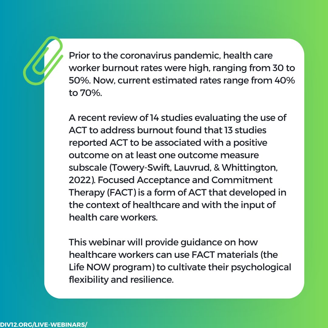SCPdiv12's tweet photo. Did someone (everyone🙃) say burnout? Join us and Dr. Robinson for our #webinar on growing #resilience and #psychological flexibility with evidence-based Focused Acceptance and Commitment Therapy (FACT)  tools from the Life NOW program.  🩺💪 #Healthcare 

https://t.co/d4thyOHDtB https://t.co/FnmdEn8MPz
