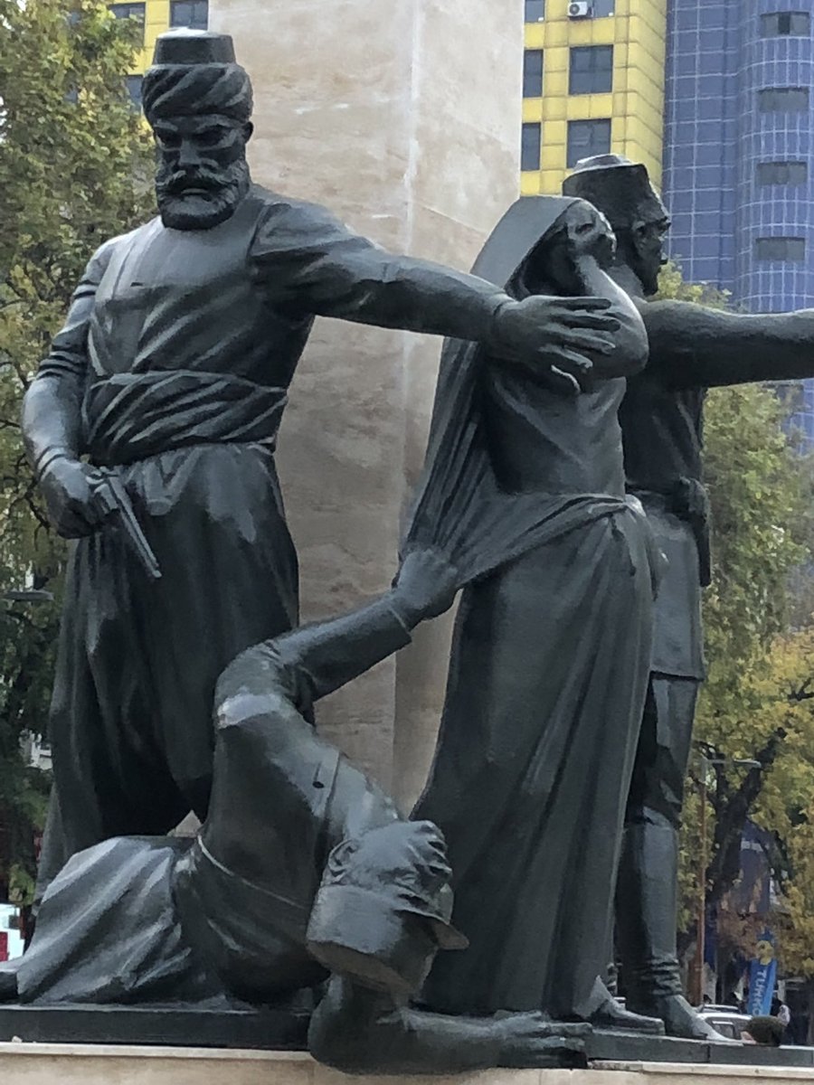 This is the statue of Sütçü İmam in Turkey, the man who shot dead the first French soldier who tried to remove the veil of a Muslim woman. 

Many historians state that this event led to the Battle of Marash between the Ottoman Army and French occupying forces.