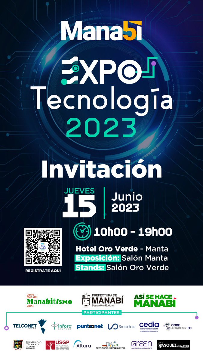 PrefecturManabi's tweet photo. 💻Expo Tecnología 2023 👨🏻‍💻
¡Sé parte!

Inscripciones 
👉🏼https://t.co/kl7YsUKNim https://t.co/klft8rPiJ3