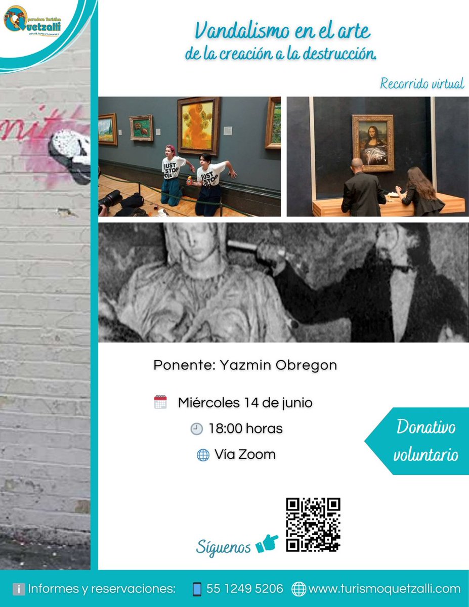 OTQUETZALLI's tweet photo. Conoce los tipos de #vandalismo y cómo están relacionados con el #arte, los artistas y los consumidores de arte. ¡Acompáñanos! 🚩
+ info: https://t.co/V7CUjl6IXm
#Cultura #CDMX #México #Turismo #Virtual #Miércoles #OperadoraQuetzalli #Zoom #Junio https://t.co/V38vSQ9Apo