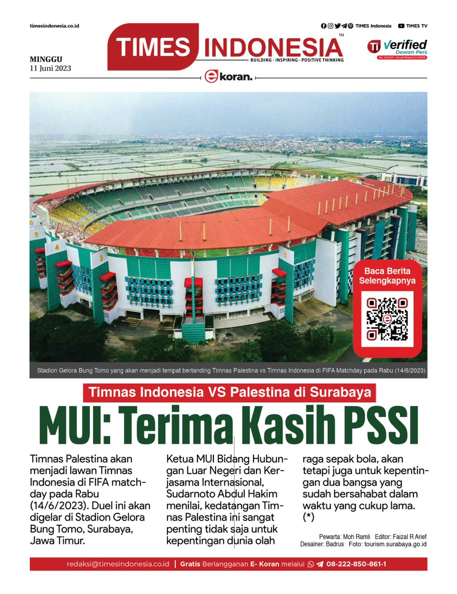 Mui sampaikan apresiasi tinggi khusus untuk ketua umum PSSI Psk Erick yg sdah nempertemukan Indonesia-Palestina dlm Laga sepak bola FIFA Matchday. Apalagi rencana 10%hasil penjualan tiket diifaqkan untuk palestina. Ini sangat bagus dan mulia. Kami dukung penuh.