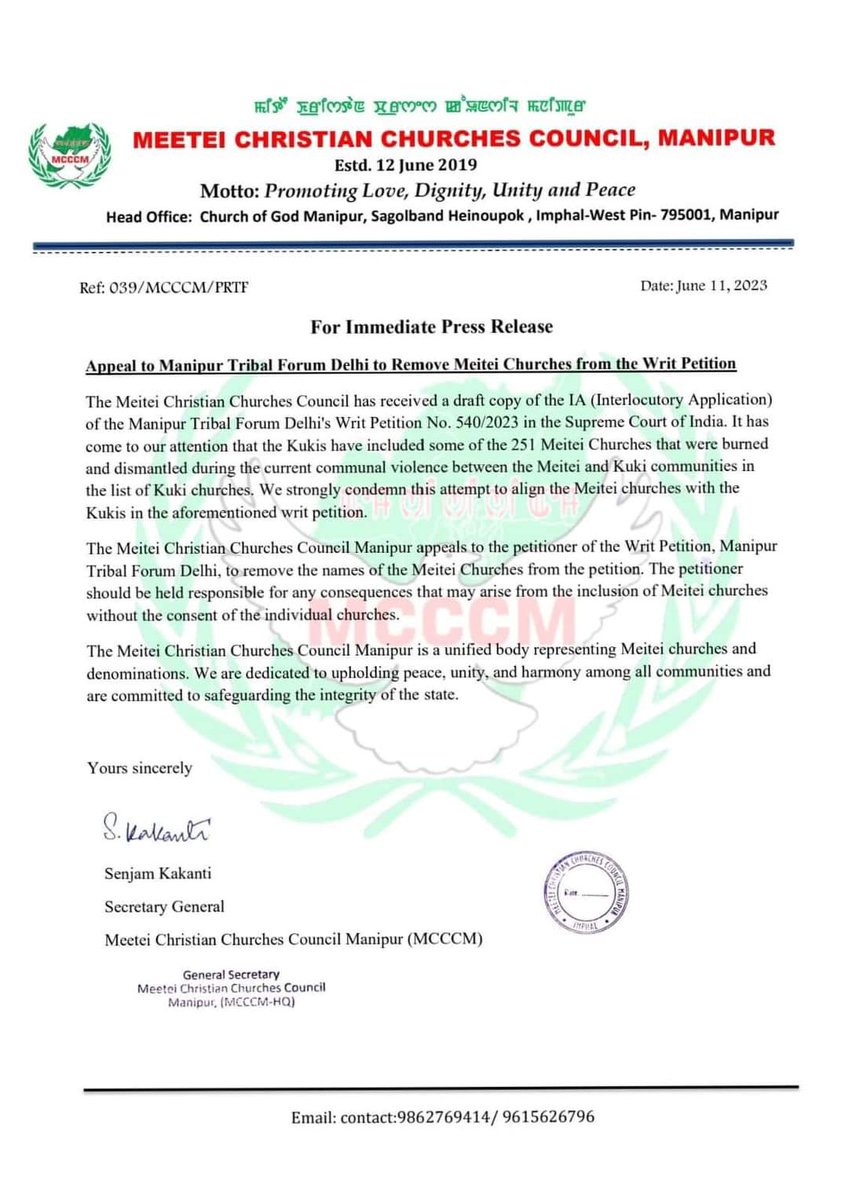 ManipurTimes's tweet image. Appeal to Manipur Tribal Forum Delhi to Remove Meitei Churches from the Writ Petition

#ManipurViolence #AppealforPeaceManipur #ManipurUnited #SaveManipur