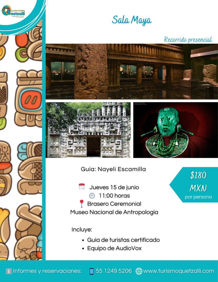 OTQUETZALLI's tweet photo. Conoce el acervo de la #SalaMaya, la vida cotidiana de los #mayas, su organización social, estilos arquitectónicos y cosmovisión. ¡Acompáñanos! 🚶🏻♀️🚶🏻♂️
+ info: https://t.co/YDbmsd2QRQ
#MNA #Cultura #Historia #Turismo #Presencial #OperadoraQuetzalli #CDMX #México #Jueves #Junio https://t.co/fM1qmunZXT