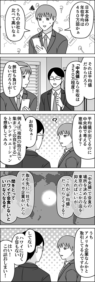 中央値は重要。 -- 「おしごと5コマ漫画 by伊東 @ito_44_3 」 #ヤメコミ #マンガ