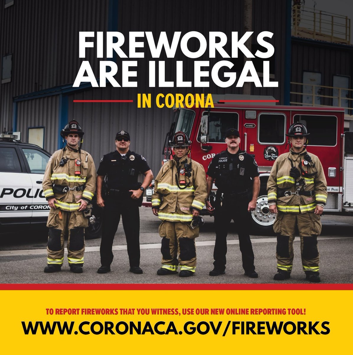 Fireworks are illegal in the City of Corona. ❌ 🎇 

Residents who witness fireworks violations within the City are encouraged to report them by utilizing our online reporting tool at CoronaCA.gov/Fireworks