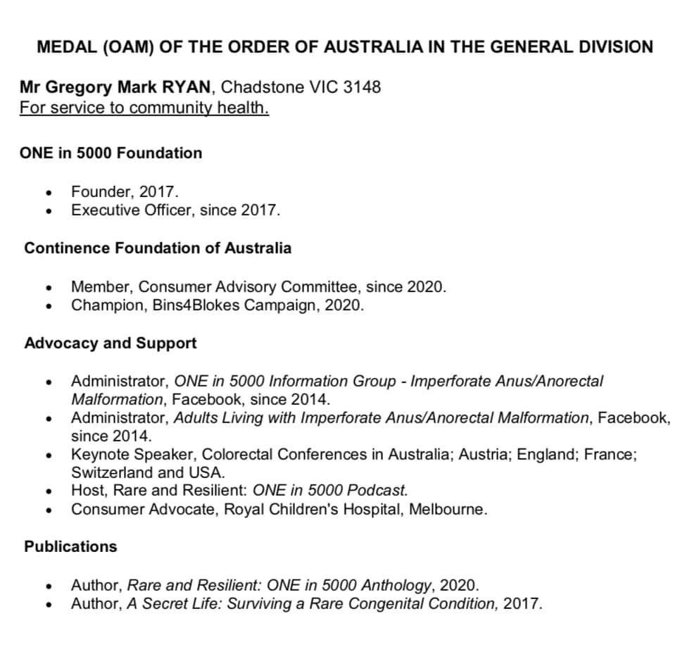 I am incredibly honoured and humbled to receive the Medal (OAM) of the Order of Australia in the General Division for service to community health in the Kings Birthday 2023 Honours list by the Governor General of Australia 🇦🇺 #oam #orderofaustralia #anorectalmalformation