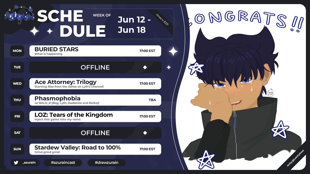 _azurain's tweet photo. [☔️SCHEDULE 6/12 - 6/18🗓️]

Continuing some of our game series and playing Phasmo with friends 😺 Also, Ace Attorney with Lyth is back!! Hope you look forward to this week's streams! 

☔️General: #Azurain
🎨Art: #Drawzurain
🔵Live: #Azuraincast

#VTuber #ENVTuber #VTuberUprising https://t.co/reO6kiM4jb