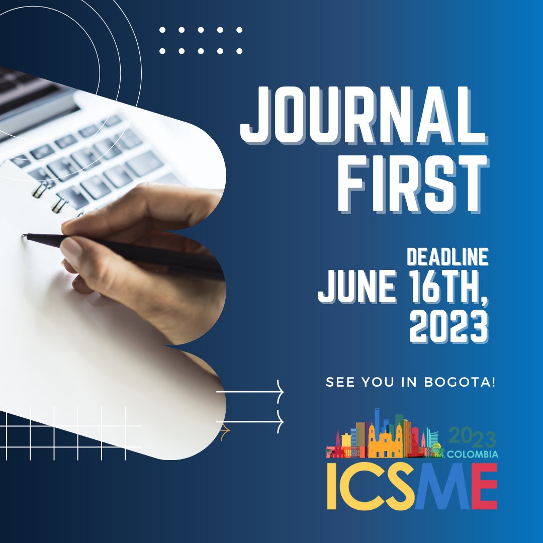 🚨 Attention 🚨 The deadline for our amazing Journal First track is coming!  Get those gears turning and submit your proposals by June 16th.
Find more info about our J1C2 in our website: linktr.ee/icsme2023

Colombia is waiting for you, folks!! #ICSME2023 #SeeYouInBogota