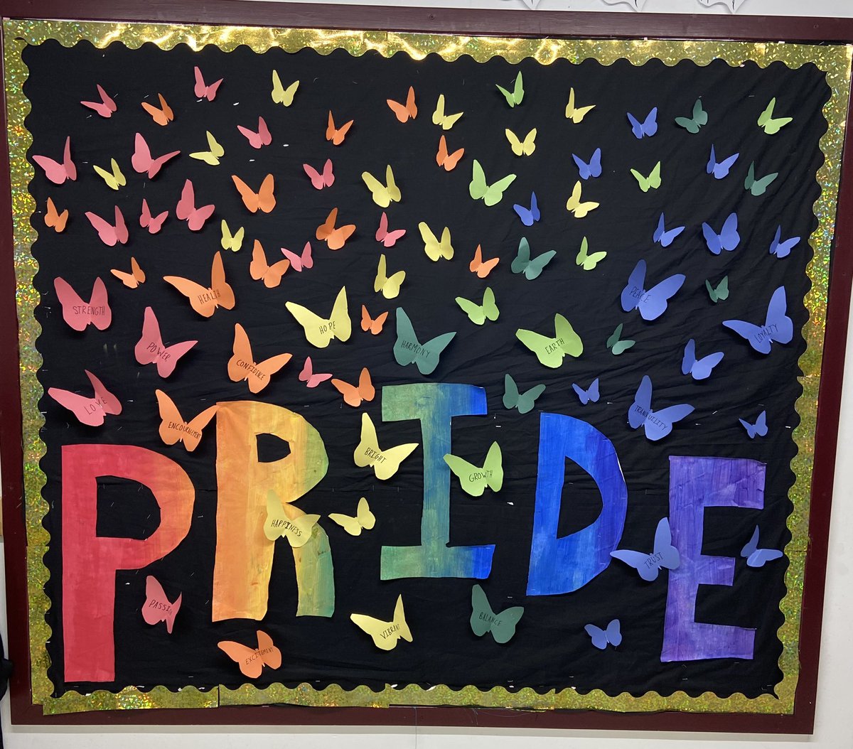 A beautiful bulletin board created by the <a href="/RGSinclairPS/">R.G. Sinclair P.S.</a> Justice, Equity, Diversity, and Inclusion (JEDI) team. Look closely at some of the butterflies to see inspiring words that students will be adding to this month.