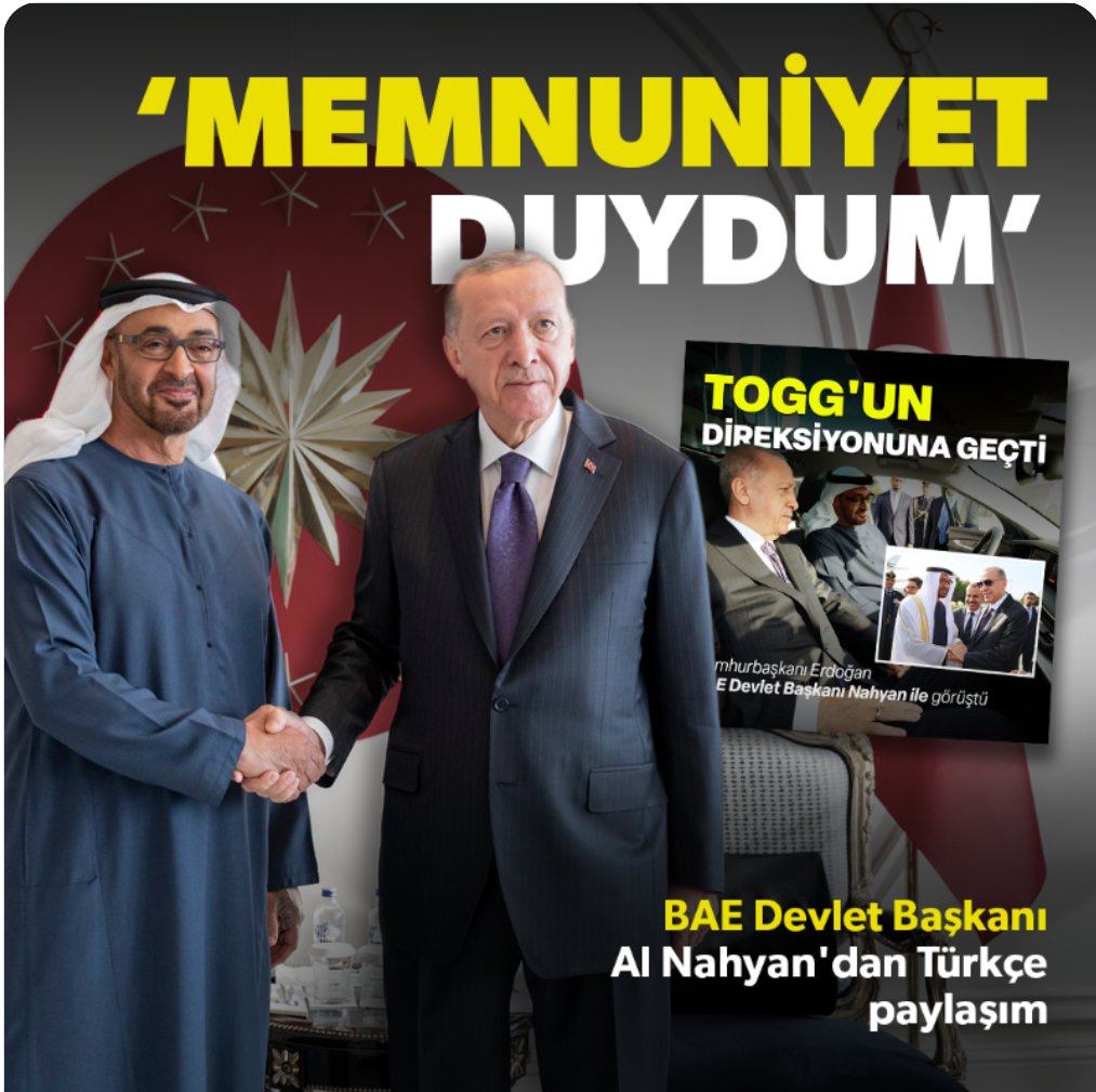 #BAE  Devlet Başkanı Muhammed bin Zayid Al Nahyan:

▪'#İstanbul'da Cumhurbaşkanı Recep Tayyip #Erdoğan ile görüşmekten memnuniyet duydum. İki ülkenin stratejik ilişkilerini güçlendirme, ekonomik ortaklıklarını ilerletmeyi görüştük.'
#EKONOMİ #12Haziran #Pazartesi #ıstanbul23