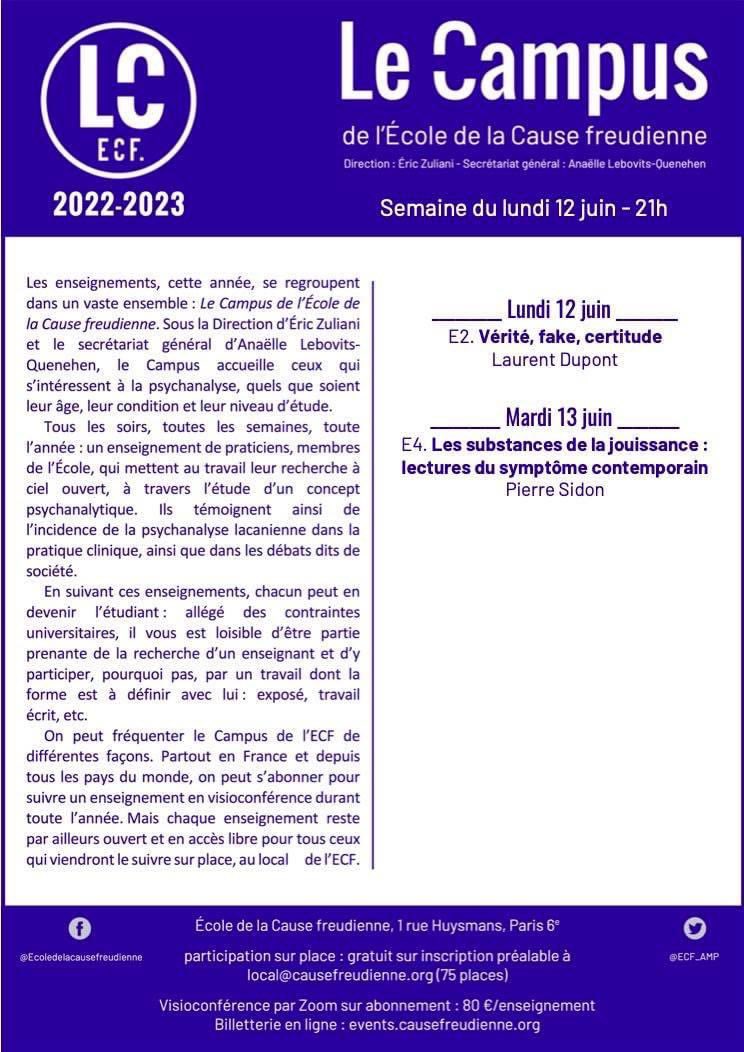 guidelacanienGP's tweet photo. 🔷Les enseignements de l’ECF
Semaine du 12 juin

Deux formules :
1) AU LOCAL
1 rue Huysmans, Paris 6eme - GRATUIT – inscription à local@causefreudienne.org (75 places max). 
 
2) EN VISIOCONFÉRENCE
Inscription sur https://t.co/Tih3BPOE91 – 80€ pour un enseignement toute l'année. https://t.co/FgH1MIDEa5