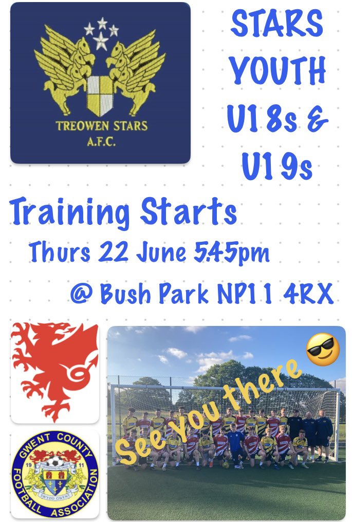 ‘Back to business’ a week earlier than previously planned ….due to popular demand!! 😃
Existing and New players all welcome to training. 
FAW Welsh league U19s &amp; Gwent County U18s with an established pathway to senior football. #oneclub 
⭐️⭐️⭐️⭐️