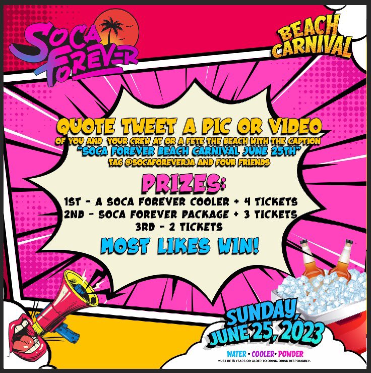 SOCA FOREVER GIVEAWAY ALERT ‼️ 

Quote tweet a pic or video of you & your crew at the beach OR at a fete with the caption “Soca Forever Beach Carnival June 25!”. Tag @socaforeverja and four (4) friends. 

Competition closes next Sunday at midday 🕰️ 

See graphic for prizes 🎁 🏆