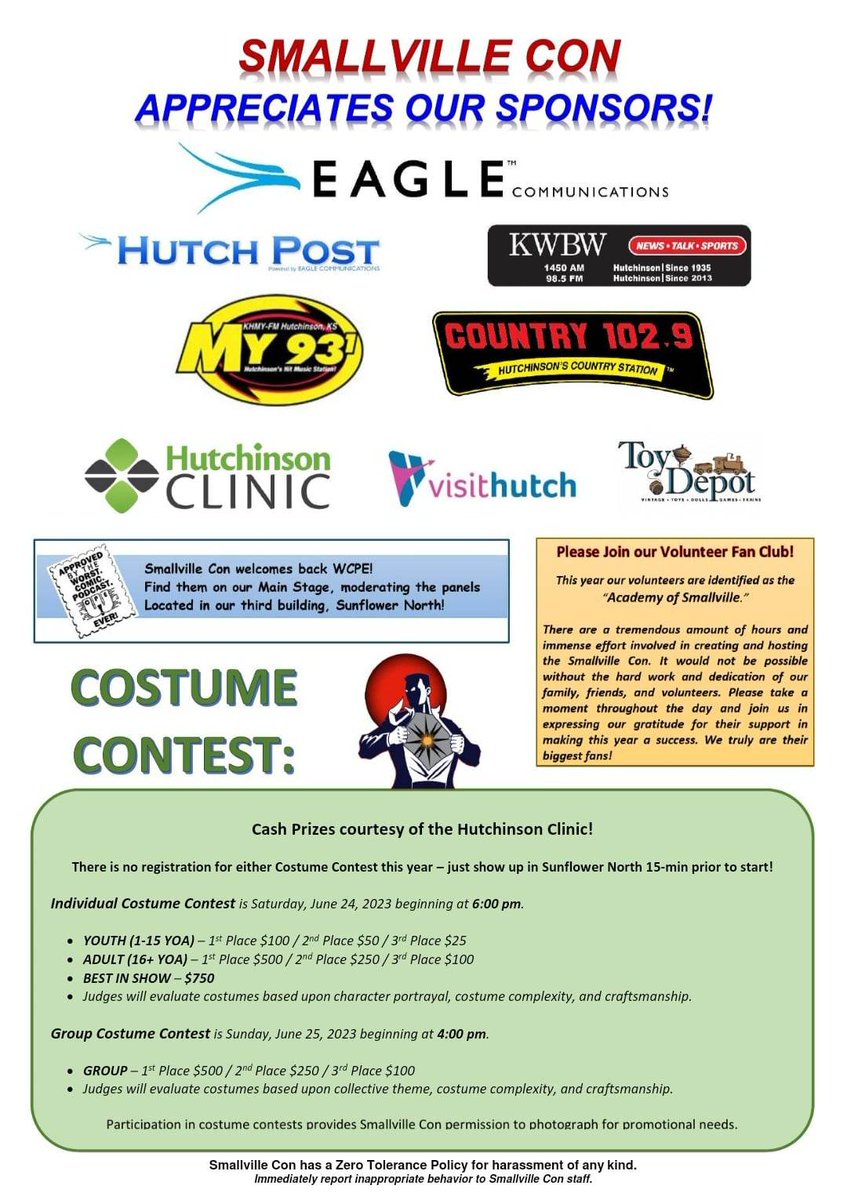 Find your favorite Celebrity guest or exhibitor at the 10th Anniversary of the #SmallvilleCon June 24-25! We have 3 buildings to explore that are set up with vendors, creators, cosplay and props. Schedule of Q&amp;A panels and Demos, the costume contest with over $2500 in cash prizes