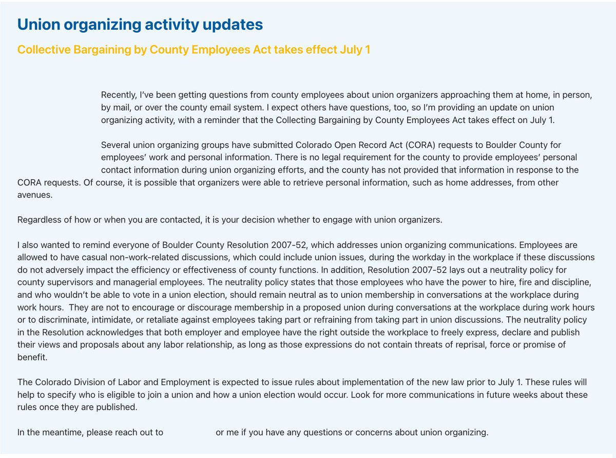 Boulder County employees, do not be afraid to organize/sign cards! Boulder County admins have given us written guarantees that they will remain NEUTRAL during the organizing process. If you get approached by an organizer, rest assured that your job is safe. #boulder #union