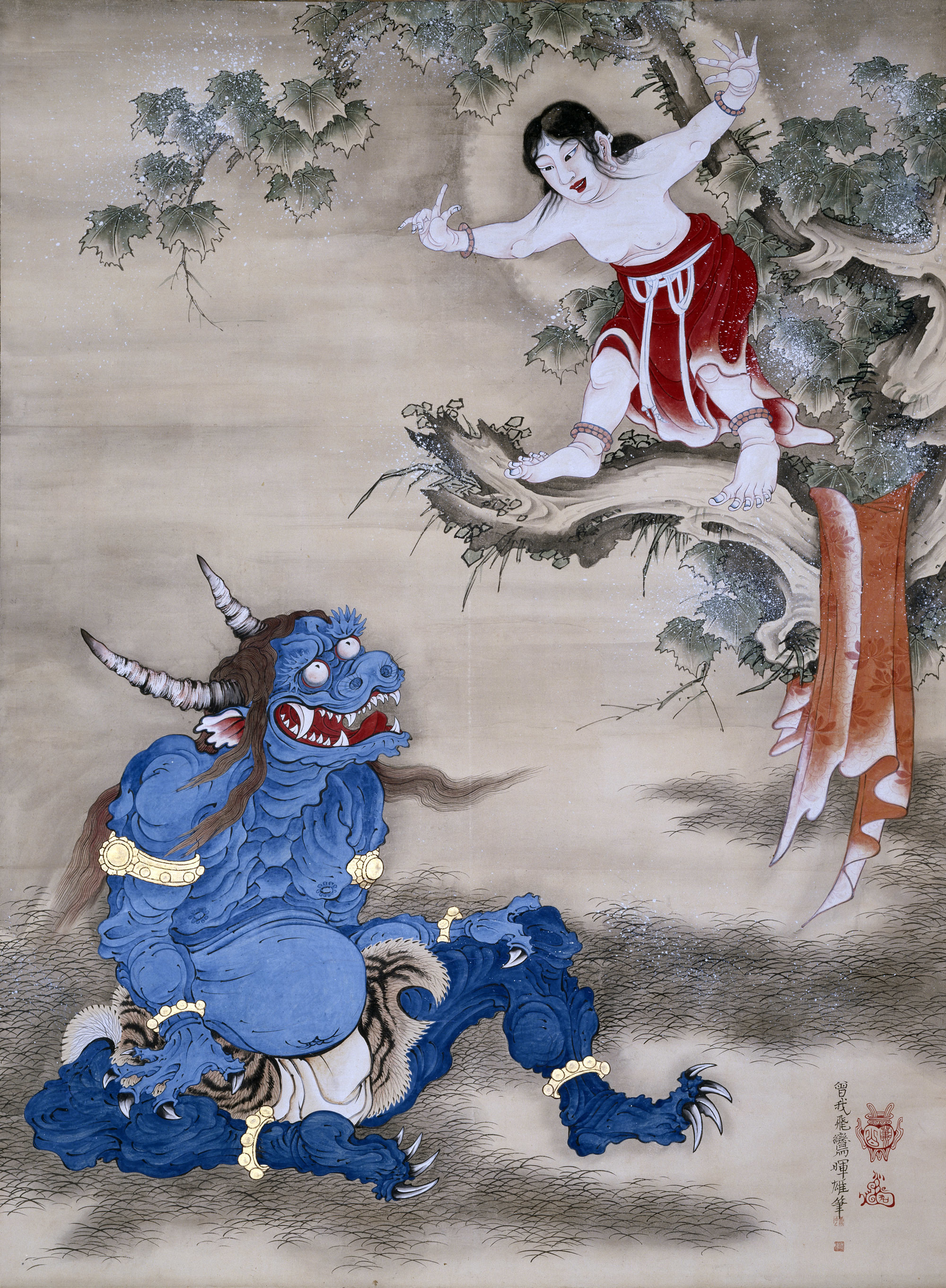 B157s 掛軸「歓喜童子と鈴」治海画 麻布 彩墨画 箱無し 寒山拾得