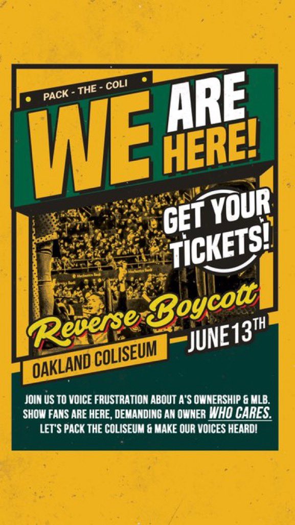 We still have tickets available for June 13th! If you are unable to afford tickets, please DM your name, email address, and how many tickets. 

Otherwise, buy tickets here: mlb.com/athletics/tick…

#PackTheColiseum #Athletics #OaklandForever #SaveOaklandBaseball