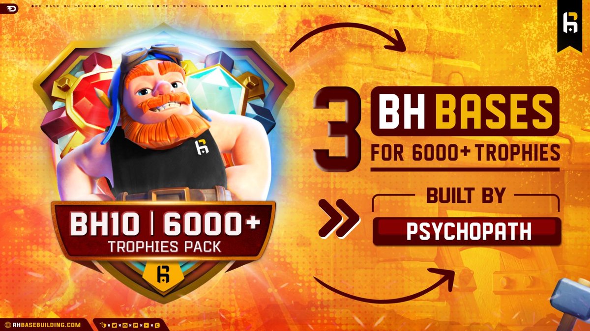 RHBaseBuilding's tweet image. You all asked for it - you&apos;ll get it! 🫡
BH10 TROPHIES PACK is live NOW!🔴
3️⃣x BH10 bases (🏆6000+)
built by Psychopath 🚀🔥
⚠️LIMITED⚠️
🌐 rhbasebuilding.com/product/bh10-p…
#ClashofClans | #BuilderBase | #BH10